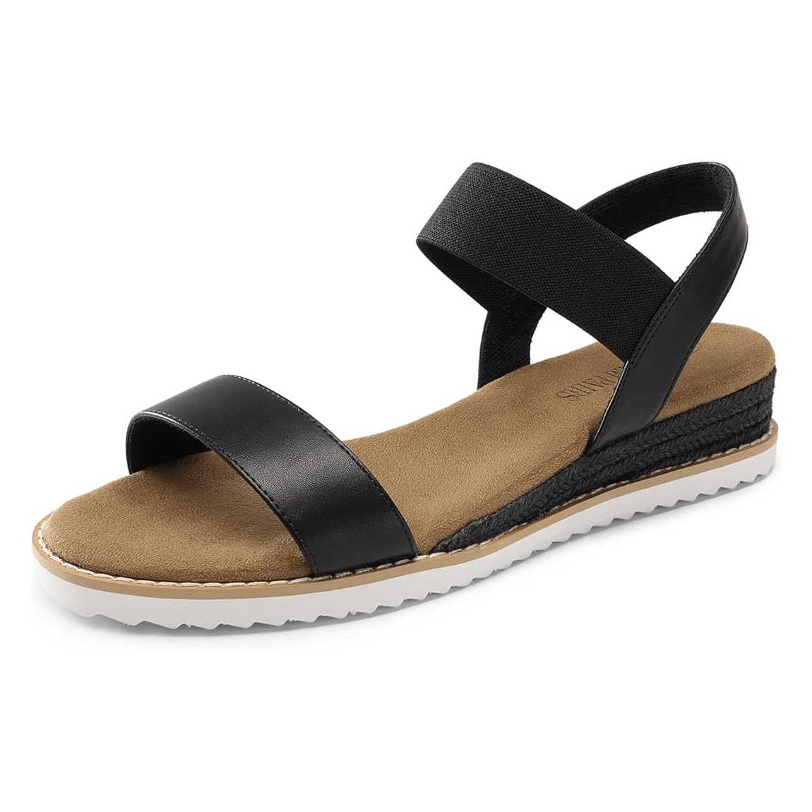 Black wedge sandal with a wide toe strap and an elastic ankle band, featuring a tan footbed, black side trim, and a white ridged sole.