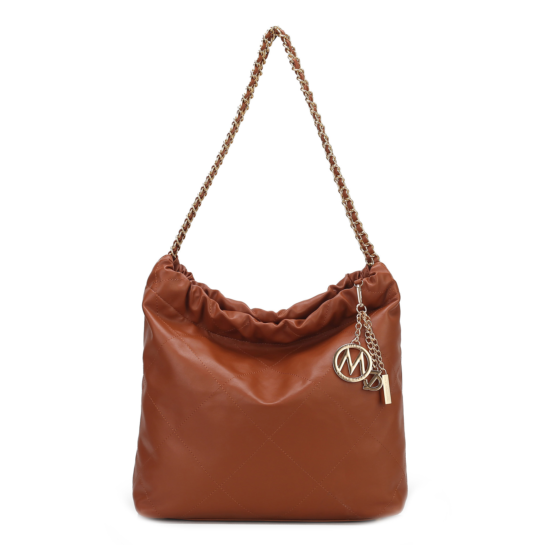 Brown leather handbag with a gold chain strap and a chain-adorned charm featuring the letter \“M\“.