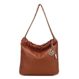 Brown leather handbag with a gold chain strap and a chain-adorned charm featuring the letter \“M\“.