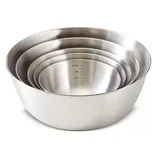 A set of stainless steel mixing bowls in different sizes, each with volume markings on the inside for measurement.