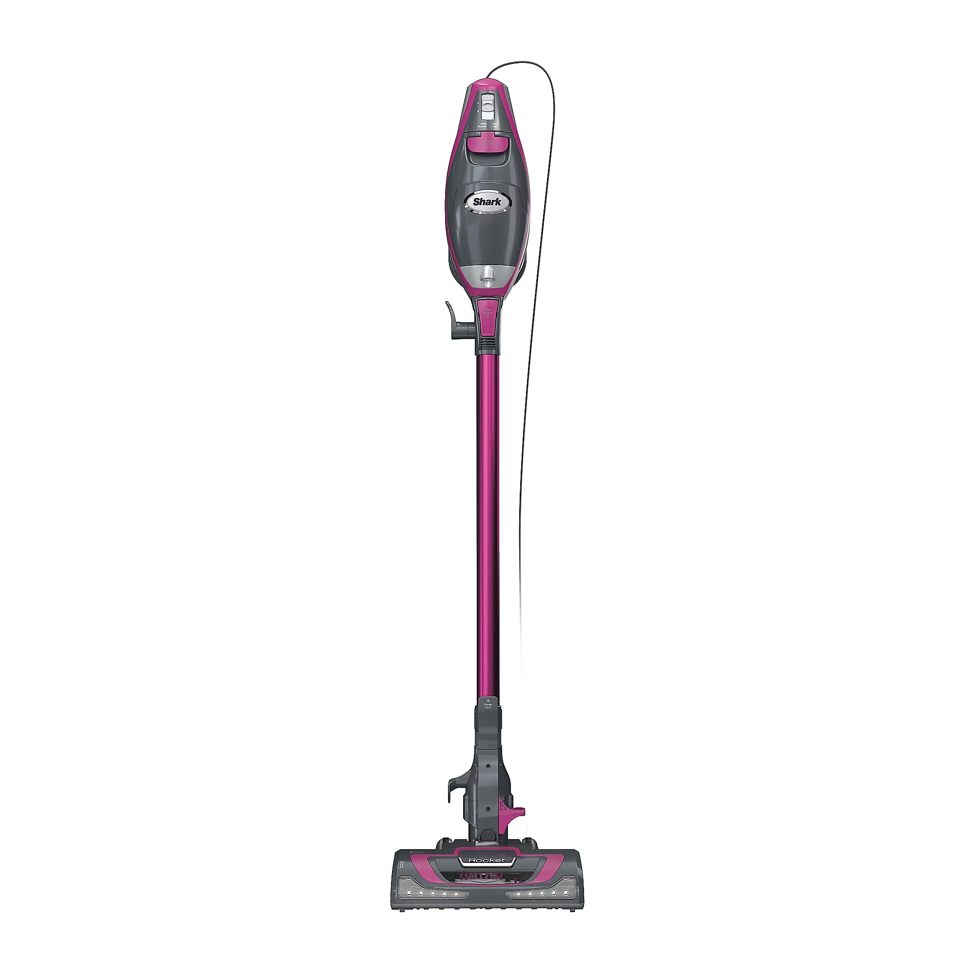 A corded stick vacuum cleaner with a slim design and detachable handheld unit, featuring a magenta and gray color scheme.