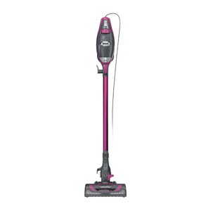 A corded stick vacuum cleaner with a slim design and detachable handheld unit, featuring a magenta and gray color scheme.