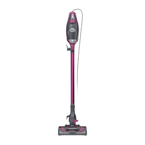 A corded stick vacuum cleaner with a slim design and detachable handheld unit, featuring a magenta and gray color scheme.