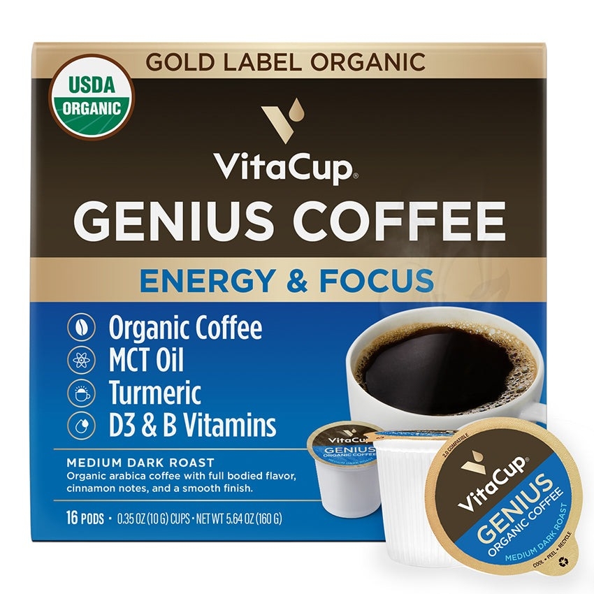VitaCup Genius Coffee, a medium dark roast with organic coffee, MCT oil, turmeric, and D3 & B vitamins, comes in 16 pods. USDA Organic certified.