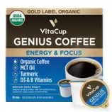 VitaCup Genius Coffee, a medium dark roast with organic coffee, MCT oil, turmeric, and D3 & B vitamins, comes in 16 pods. USDA Organic certified.