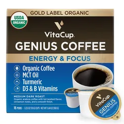 VitaCup Genius Coffee, a medium dark roast with organic coffee, MCT oil, turmeric, and D3 & B vitamins, comes in 16 pods. USDA Organic certified.