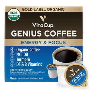 VitaCup Genius Coffee, a medium dark roast with organic coffee, MCT oil, turmeric, and D3 & B vitamins, comes in 16 pods. USDA Organic certified.
