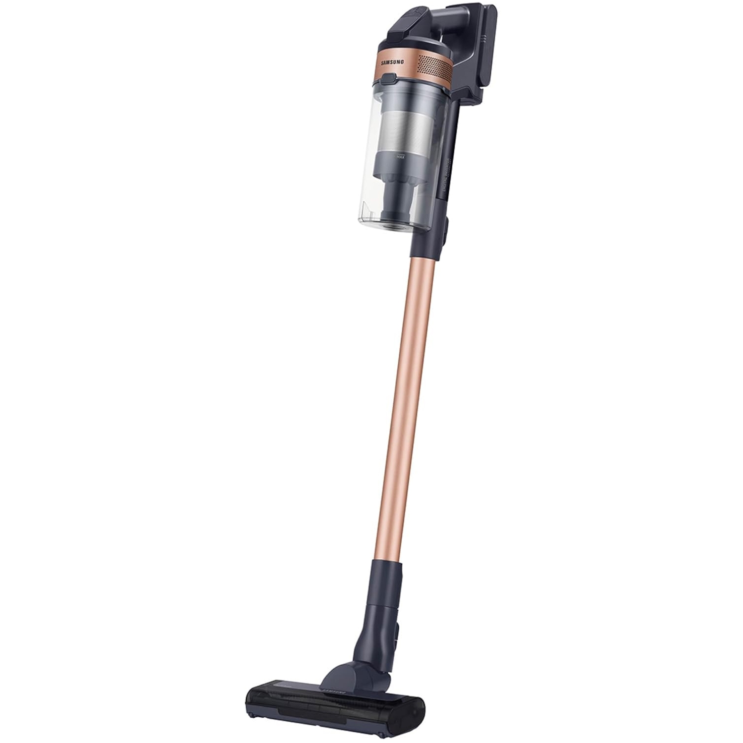 Cordless stick vacuum cleaner with a rose gold and gray design, featuring a transparent dustbin and a sleek, lightweight build.