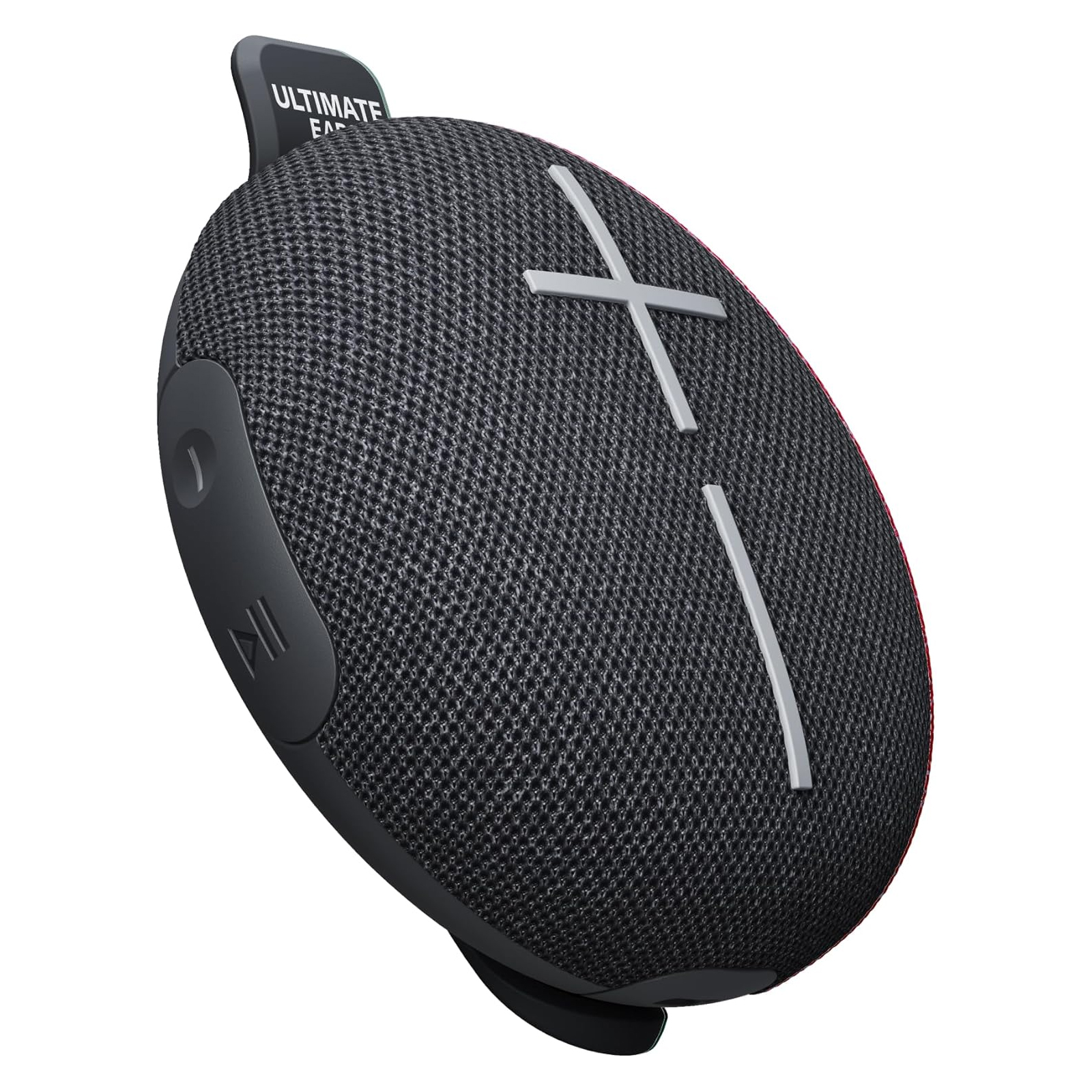 Ultimate Ears Miniroll Speaker is a compact, round Bluetooth speaker with a mesh fabric surface, featuring large '+' and '−' volume buttons on the front and a rubberized edge with control buttons.