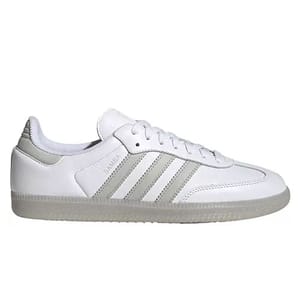 White sneaker with gray stripes and gum sole, featuring the word \“SAMBA\“ on the side.