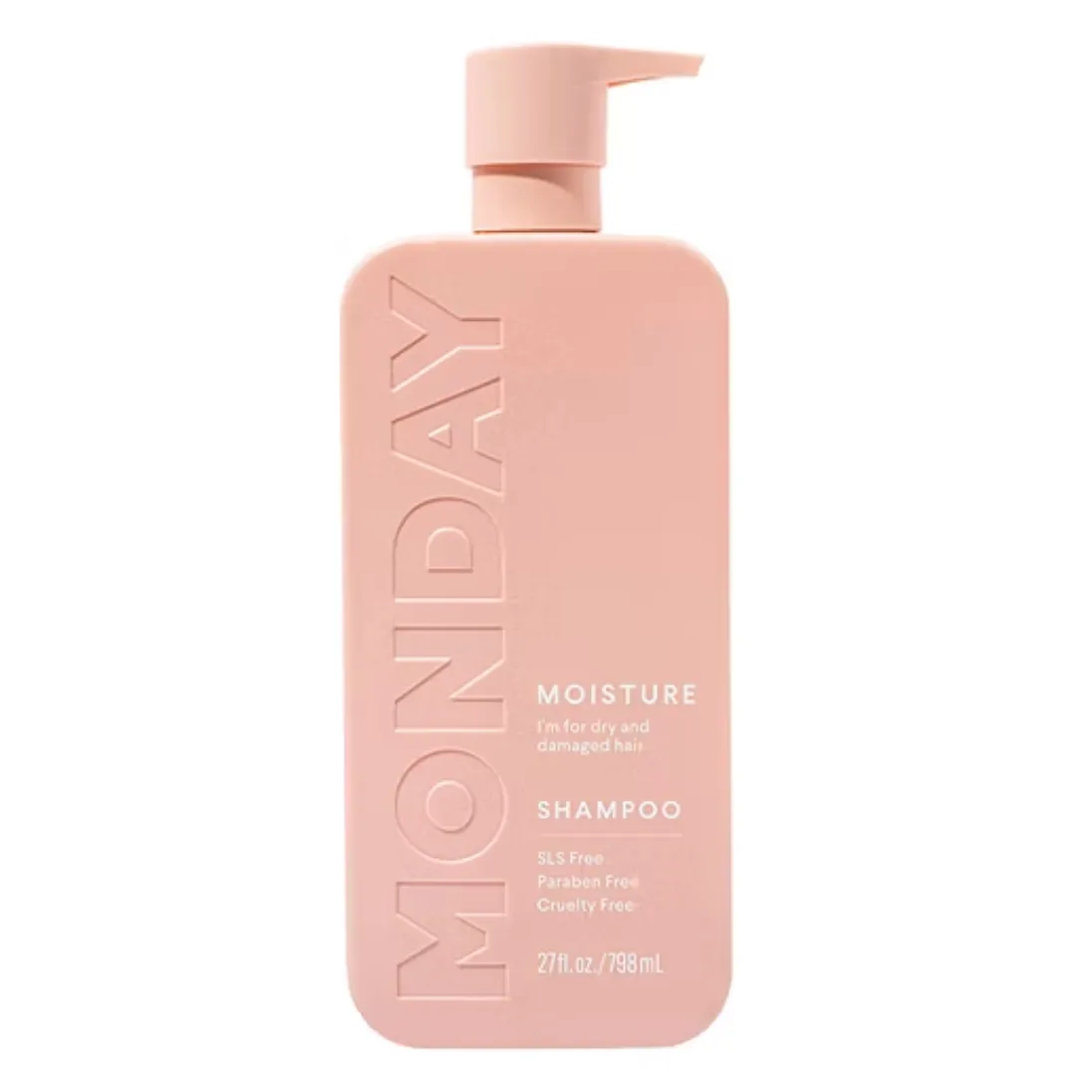 Pink bottle labeled \“Monday Moisture Shampoo\“ designed for dry and damaged hair, SLS free, paraben free, and cruelty free, 27 fl oz (798 mL).