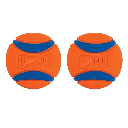 Two round orange and blue Chuckit! brand dog toys with prominent grooves and the Chuckit! logo embossed in the center.