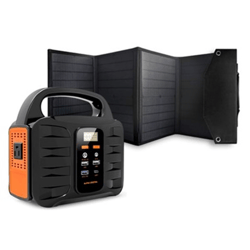 Portable power station with multiple USB ports and an AC outlet, accompanied by a foldable solar panel for charging.