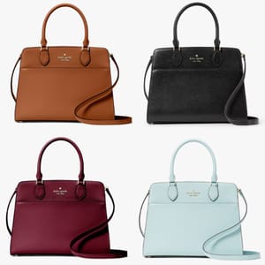 Four handbags in different colors: camel, black, burgundy, and light blue, all with the same brand logo.