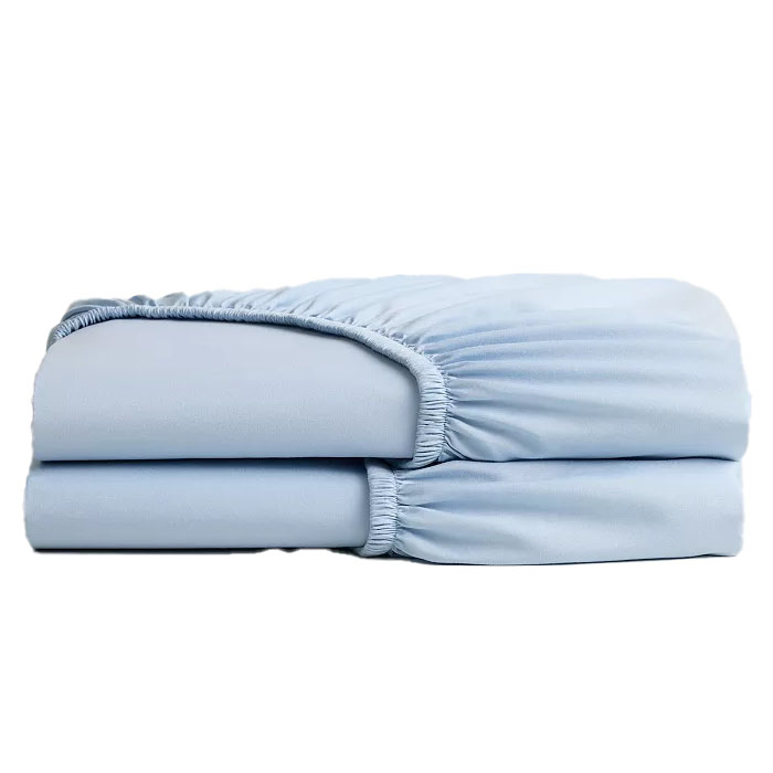 A light blue fitted sheet with elastic edges is neatly folded.