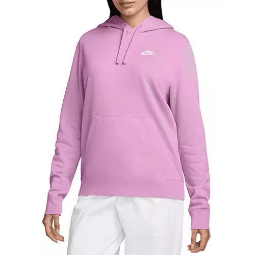 A pink Nike fleece hoodie featuring a small white logo on the chest, designed with a drawstring hood and a large front pocket. Paired with white pants.