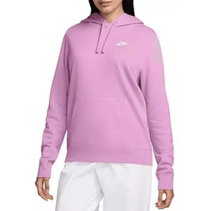 A pink Nike fleece hoodie featuring a small white logo on the chest, designed with a drawstring hood and a large front pocket. Paired with white pants.