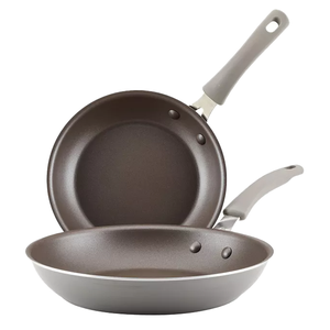 The 2pk Rachael Ray Nonstick Fry Pan Set includes two frying pans with nonstick interiors and gray handles featuring hanging holes.