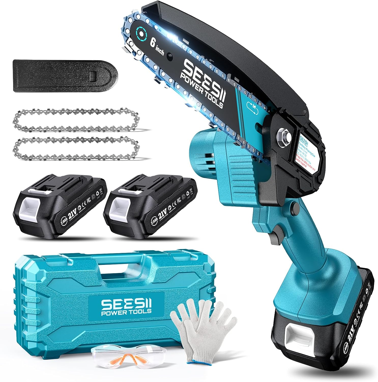 Cordless mini chainsaw kit with a 6-inch bar, includes two 21V batteries, two chains, gloves, safety glasses, and a carrying case.