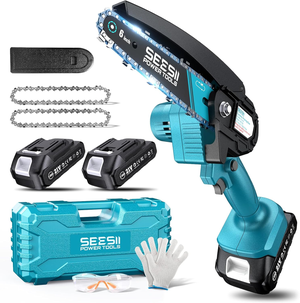 Cordless mini chainsaw kit with a 6-inch bar, includes two 21V batteries, two chains, gloves, safety glasses, and a carrying case.