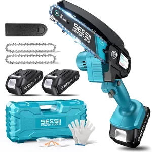 Cordless mini chainsaw kit with a 6-inch bar, includes two 21V batteries, two chains, gloves, safety glasses, and a carrying case.