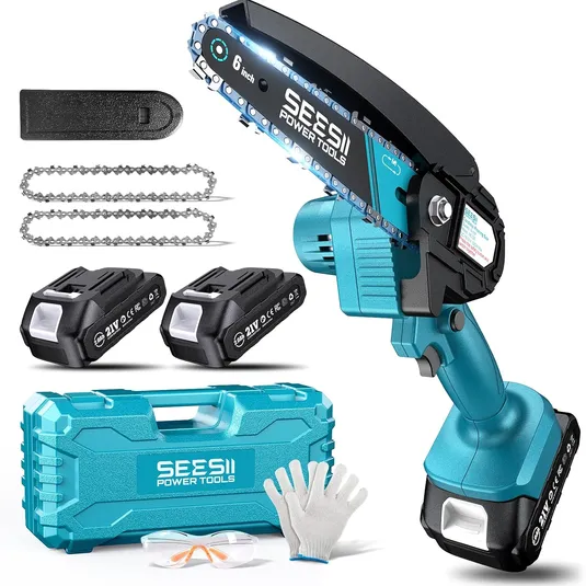 Cordless mini chainsaw kit with a 6-inch bar, includes two 21V batteries, two chains, gloves, safety glasses, and a carrying case.