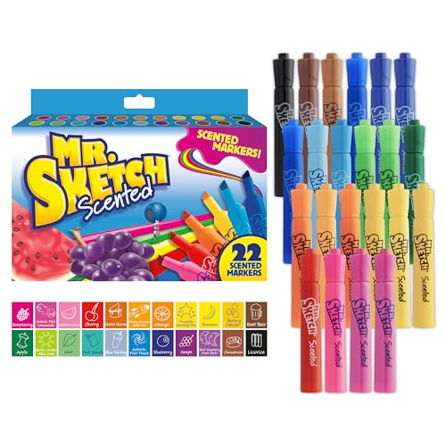 A set of Mr. Sketch Scented Markers, featuring 22 various colors and corresponding scents, is displayed alongside its packaging. The markers have chiseled tips for drawing fine or wide lines.