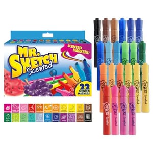 A set of Mr. Sketch Scented Markers, featuring 22 various colors and corresponding scents, is displayed alongside its packaging. The markers have chiseled tips for drawing fine or wide lines.