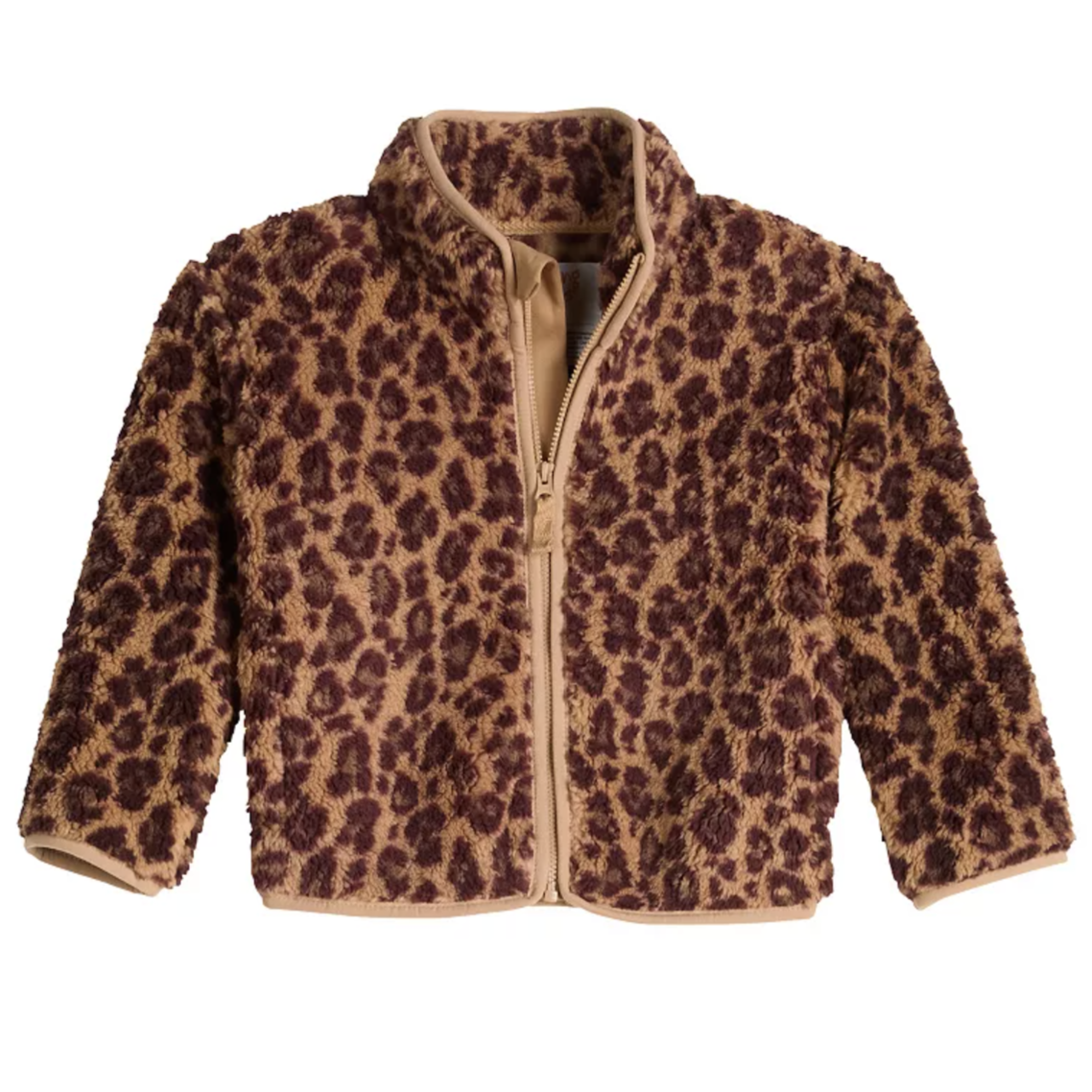 A leopard-print fleece jacket with a full zip front and a stand collar, featuring a beige base with dark brown spots.
