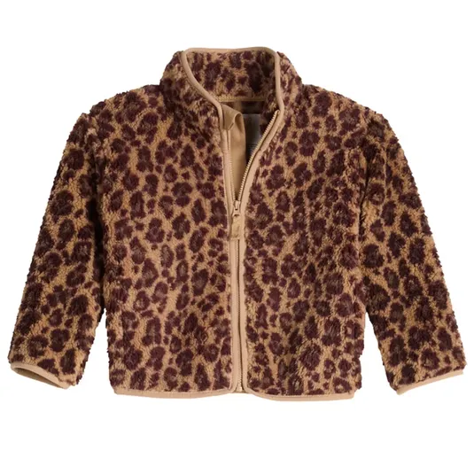 A leopard-print fleece jacket with a full zip front and a stand collar, featuring a beige base with dark brown spots.