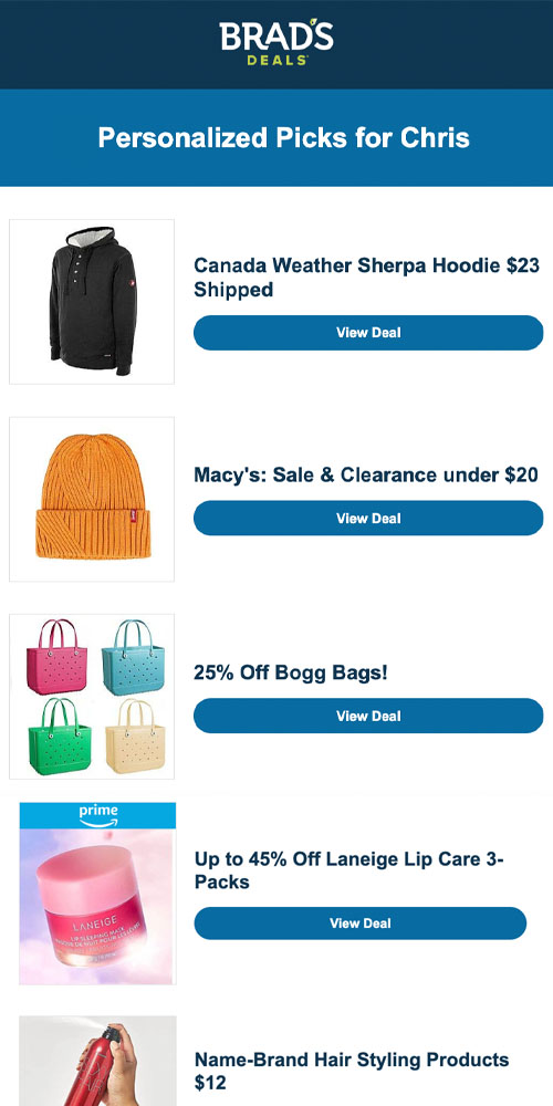 a display of a personalized deal email send for Brad's Deals featuring items like a jacket, hat, and Bogg Baggs