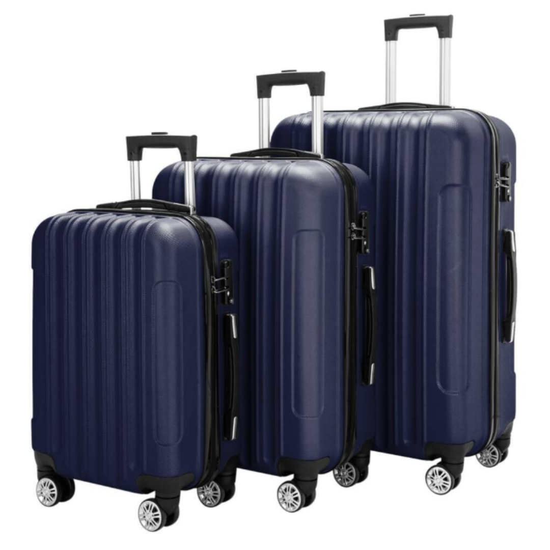 Three navy blue, hard-shell suitcases with telescopic handles and four spinner wheels; sizes vary from small to large for versatile travel needs.