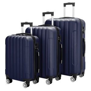 Three navy blue, hard-shell suitcases with telescopic handles and four spinner wheels; sizes vary from small to large for versatile travel needs.