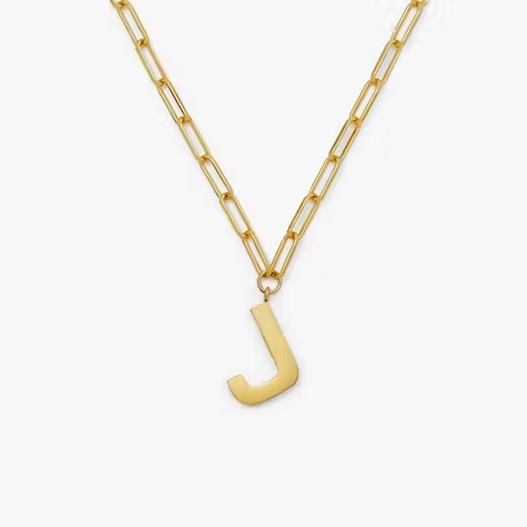 Gold-tone necklace with a letter 'J' pendant on a rectangular-link chain.