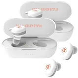 Two pairs of white wireless earbuds with wing tips, branded with an orange logo, shown next to and inside matching charging cases.