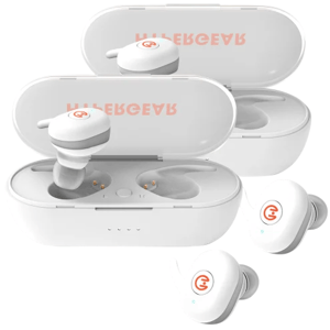 Two pairs of white wireless earbuds with wing tips, branded with an orange logo, shown next to and inside matching charging cases.