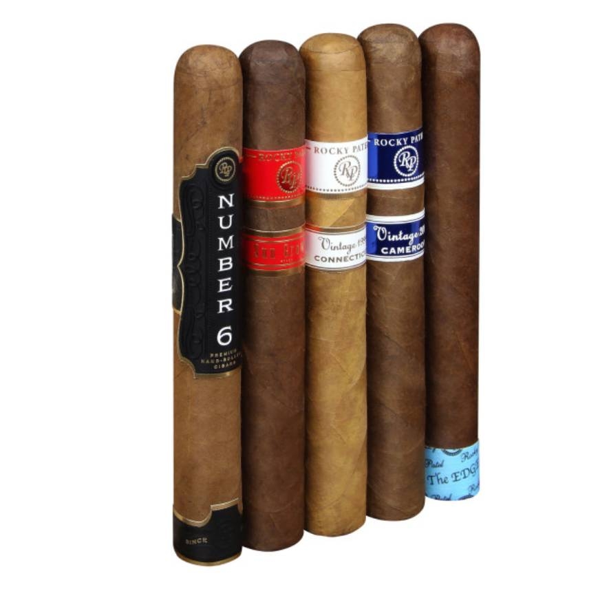 Five cigars with different colored labels are lined up side by side.