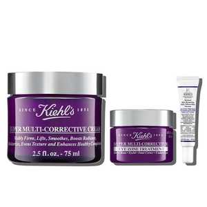 Kiehl's Super Multi-Corrective Cream (75 ml), Eye Zone Treatment (18 ml), and Retinol Skin-Renewing Daily Micro-Dose Serum.