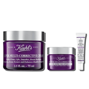 Kiehl's Super Multi-Corrective Cream (75 ml), Eye Zone Treatment (18 ml), and Retinol Skin-Renewing Daily Micro-Dose Serum.