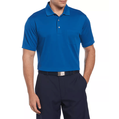 A man is wearing a blue short-sleeve polo shirt with a pocket on the left chest, paired with black trousers and a black belt.