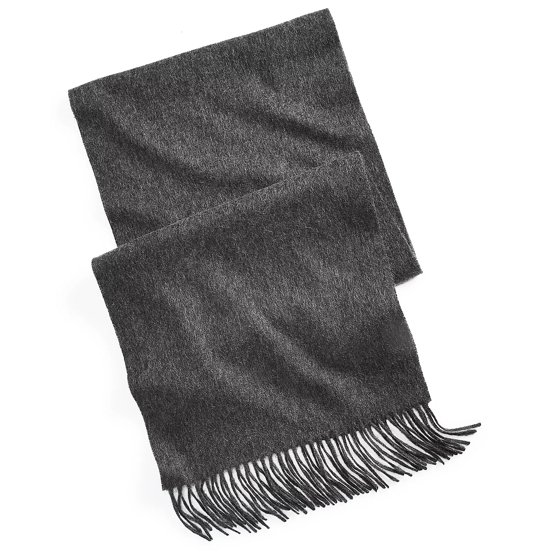 A dark gray scarf with fringe detailing at the ends, made of soft fabric.