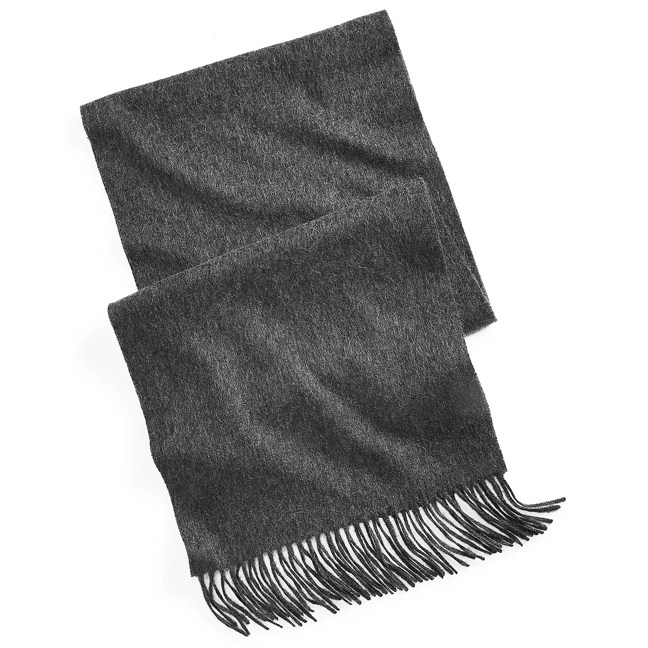 A dark gray scarf with fringe detailing at the ends, made of soft fabric.