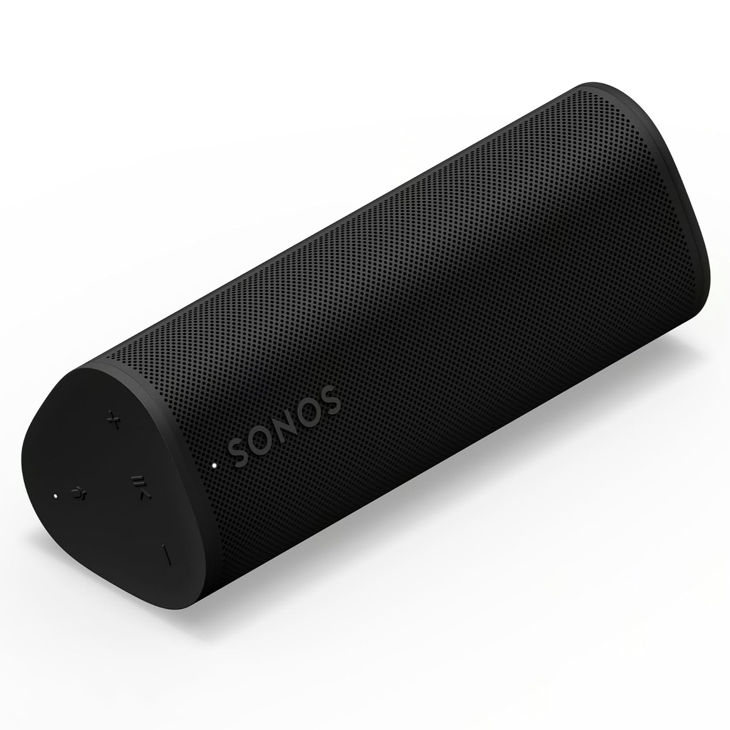 The Sonos Roam 2 is a compact, cylindrical portable speaker with a matte black finish, featuring button controls on one end, perforated grille design, and the Sonos logo on the side for wireless audio connectivity.