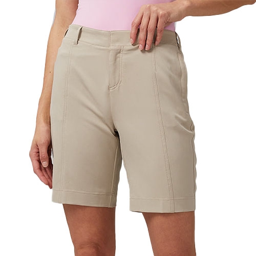 Beige stretchy Bermuda shorts with a flat front, belt loops, and a tailored fit, reaching above the knee.