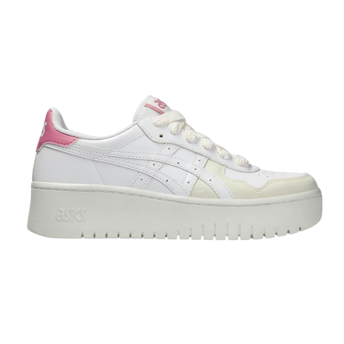 ASICS women's sneaker, featuring a white leather upper with pink accents and a thick platform sole.