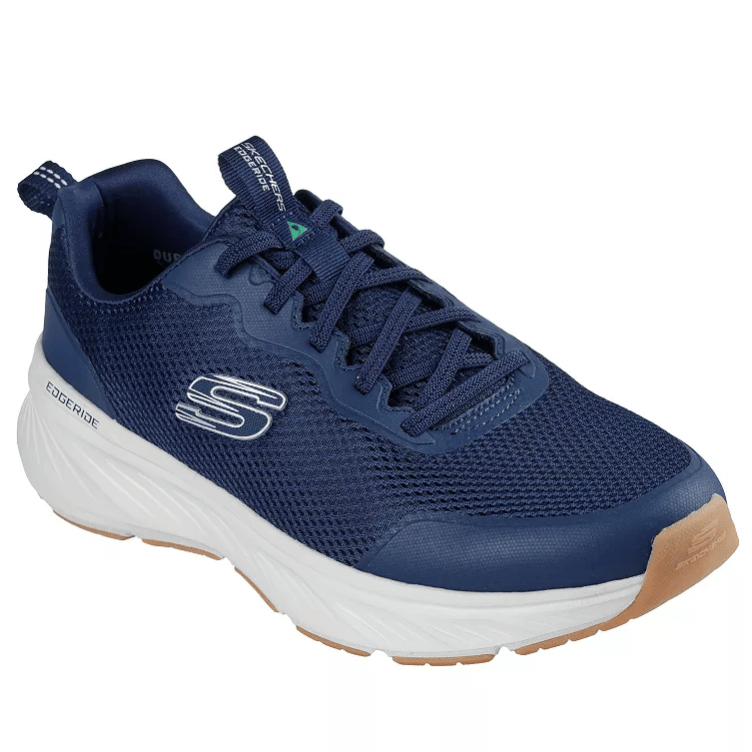 A navy blue Skechers sneaker featuring a mesh upper, lace-up design, and white cushioned sole with \“Edergize\“ branding.