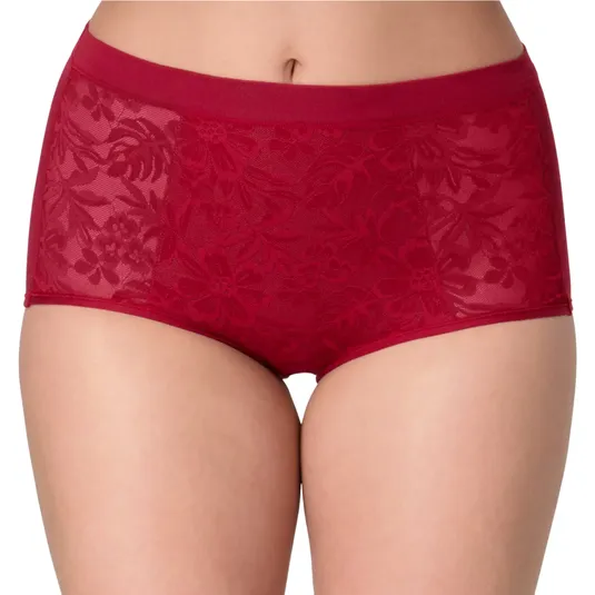 Red high-waisted lace panties with a floral pattern and a wide waistband.