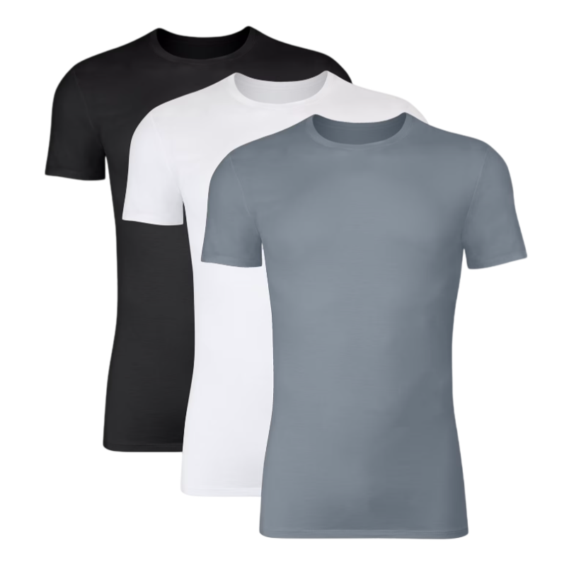 Three plain t-shirts are displayed in gray, white, and black. Each has a crew neck and short sleeves.
