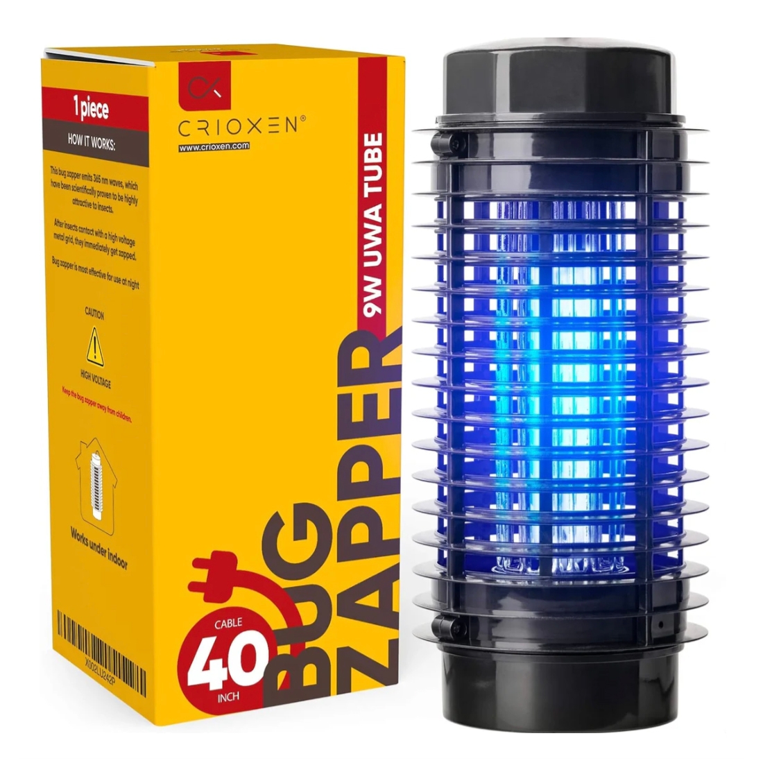 A bug zapper next to its packaging with a 40-inch cable.