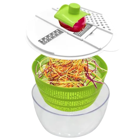 A multi-functional kitchen tool featuring a slicer and grater lid, a green colander for holding sliced vegetables, and a clear bowl for collecting them.